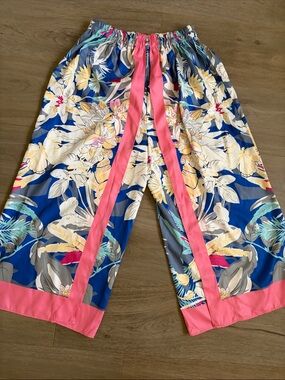 Floral Wide-Leg Pants with Pink Trim